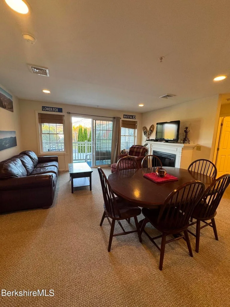 Carpeted living and dining area with leather sofa, dining table, fireplace, TV, and sliding door to balcony