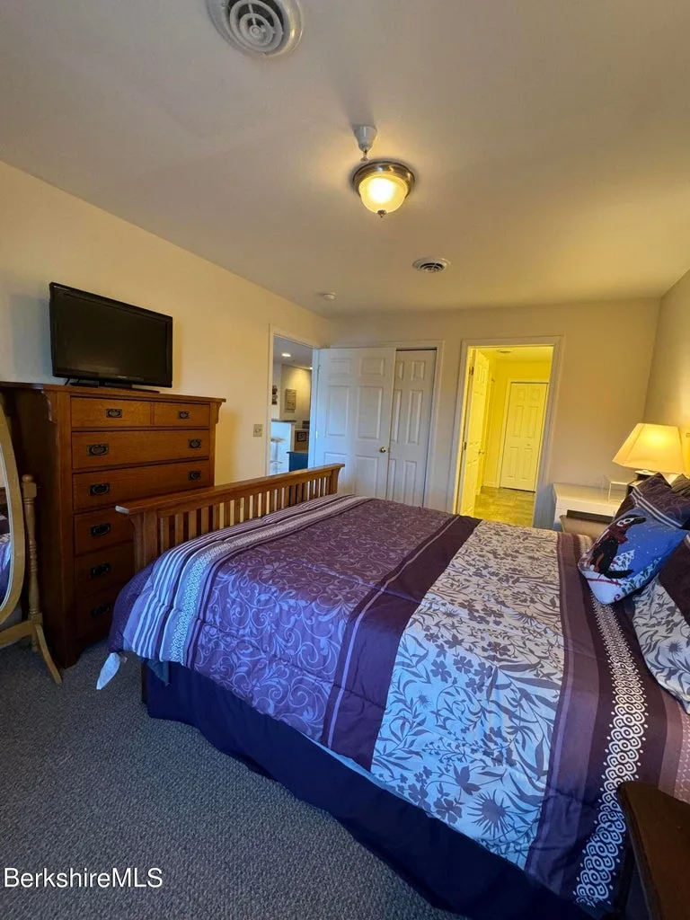 Primary bedroom with queen bed, wooden dresser, wall-mounted TV, and view to hallway and closet